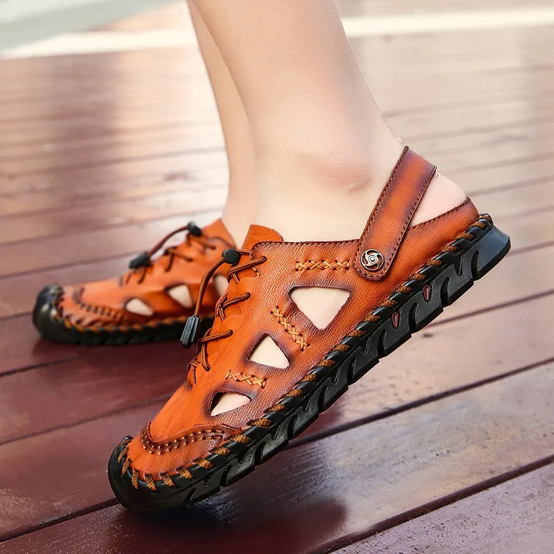 Сандалии мужские из натуральной кожи Мокасины летние пляжные римские сандалии