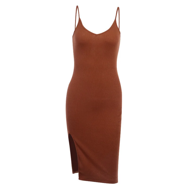 

Sexy U-Neck Solid Color Knit Split Dress Women Summer Casual Club Party Wear Sleeveless Vintage Bodycon Sling Elegant Dresses
