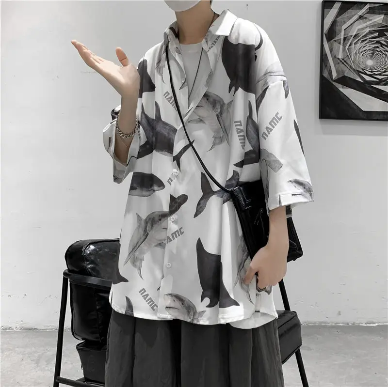 

Korean Shirt Men And Women Five-point Sleeves Summer Thin Trend Top Jacket Jacket Simple Short-sleeved Shirt Shark