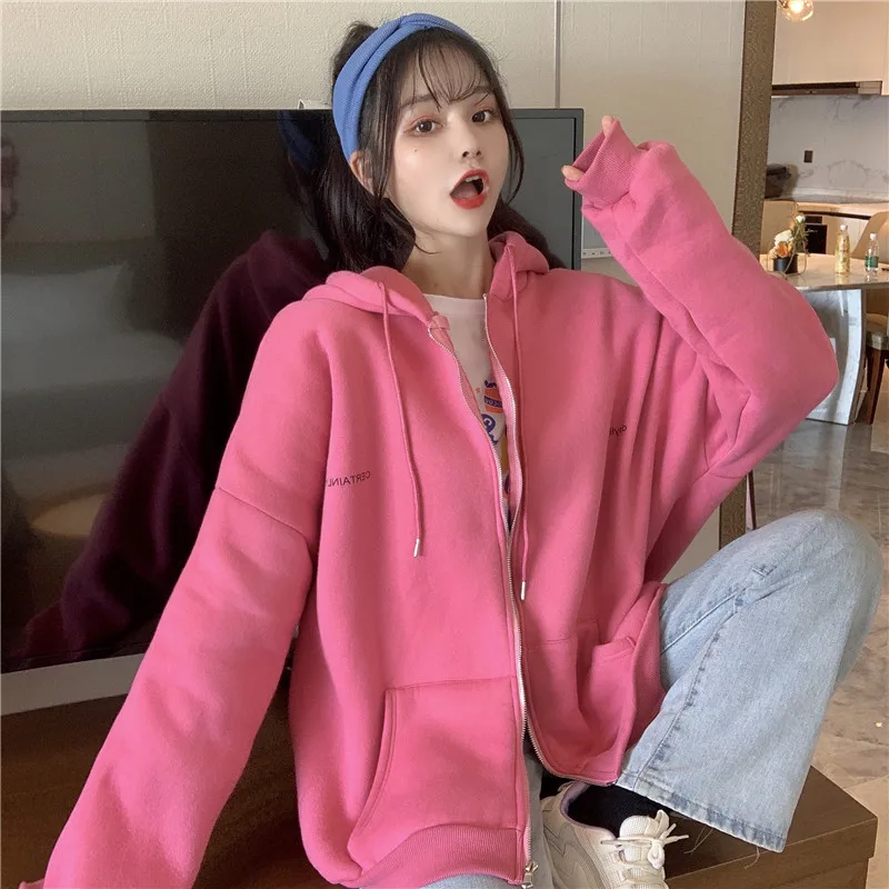 Purple Harajuku Zip Up Hoodies Chic Female Clothing Women Hoodie 2021 Summer Korean Long Sleeve Sweetshirts Loose Casual Jacket