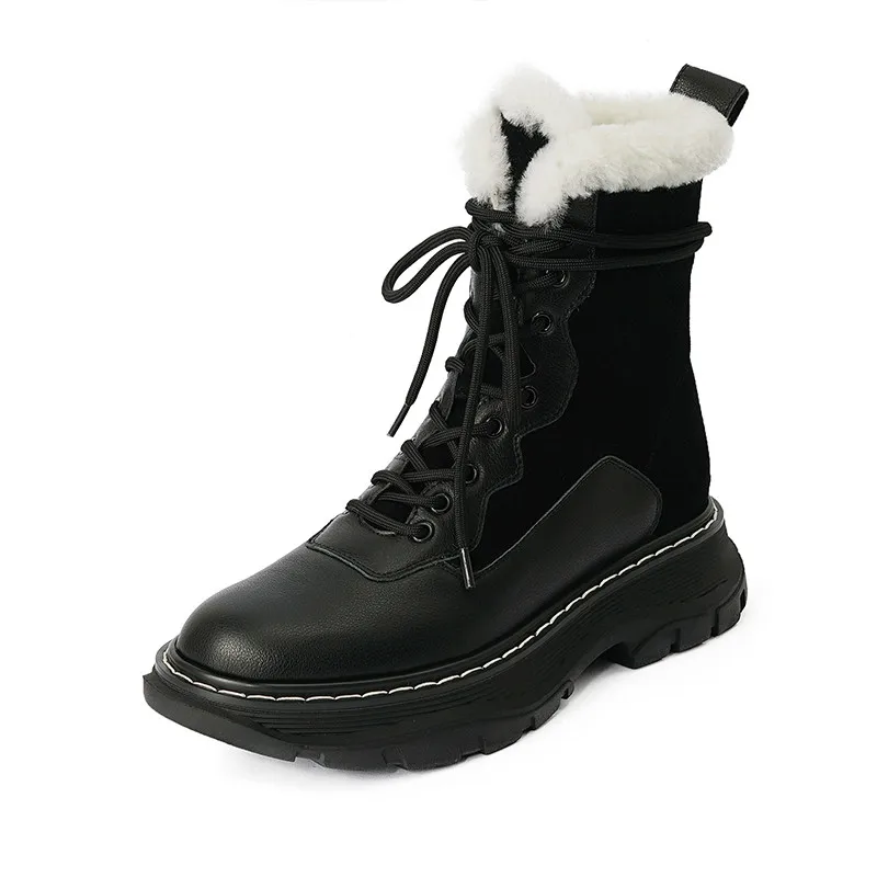 spesifikasi Asumer 2021 Sepatu Kulit Asli Tebal Bulu Salju Boots Round Toe Nyaman Datar Sepatu Kasual Wanita Musim Dingin Sepatu Bot
