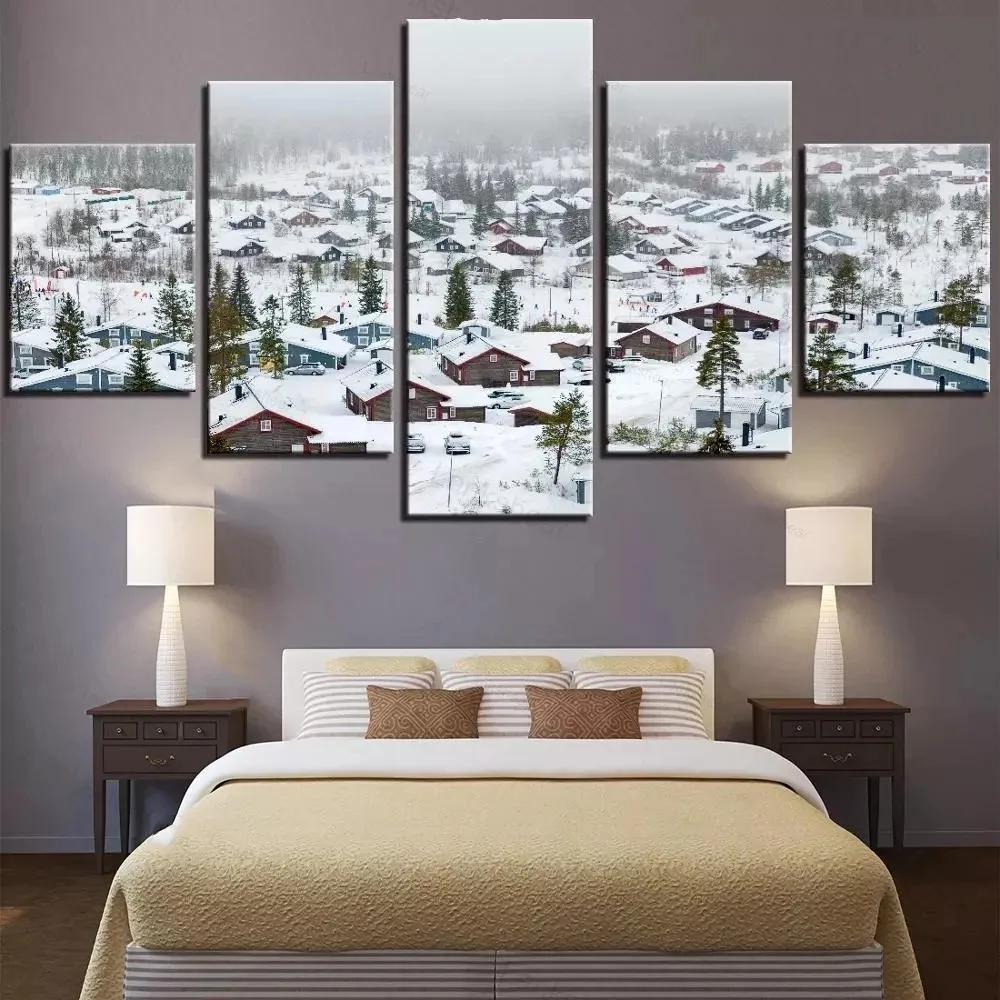 

5 Pieces Snow Landscape Canvas Painting Winter Wallpapers City Village Scene Posters for Home Room Wall Art Decor No Frame
