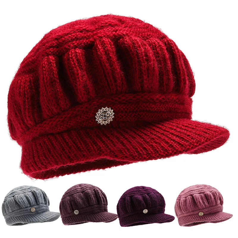 

Middle-aged Winter Plus velvet Thicken Solid color Knit Hat Women Dome Skullies Beanies fashion Warm Hat visor cap L07