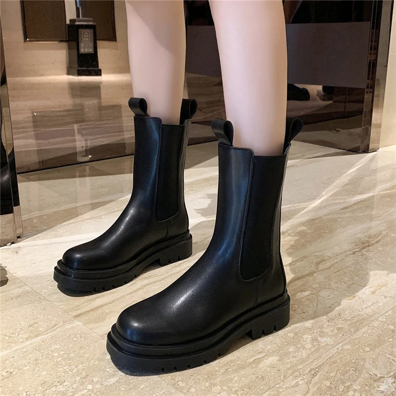 Black Leather Boots for Women Platform shoes Snow Boots Women Leather Platform Winter Boots Waterproof Women autumn Shoes New