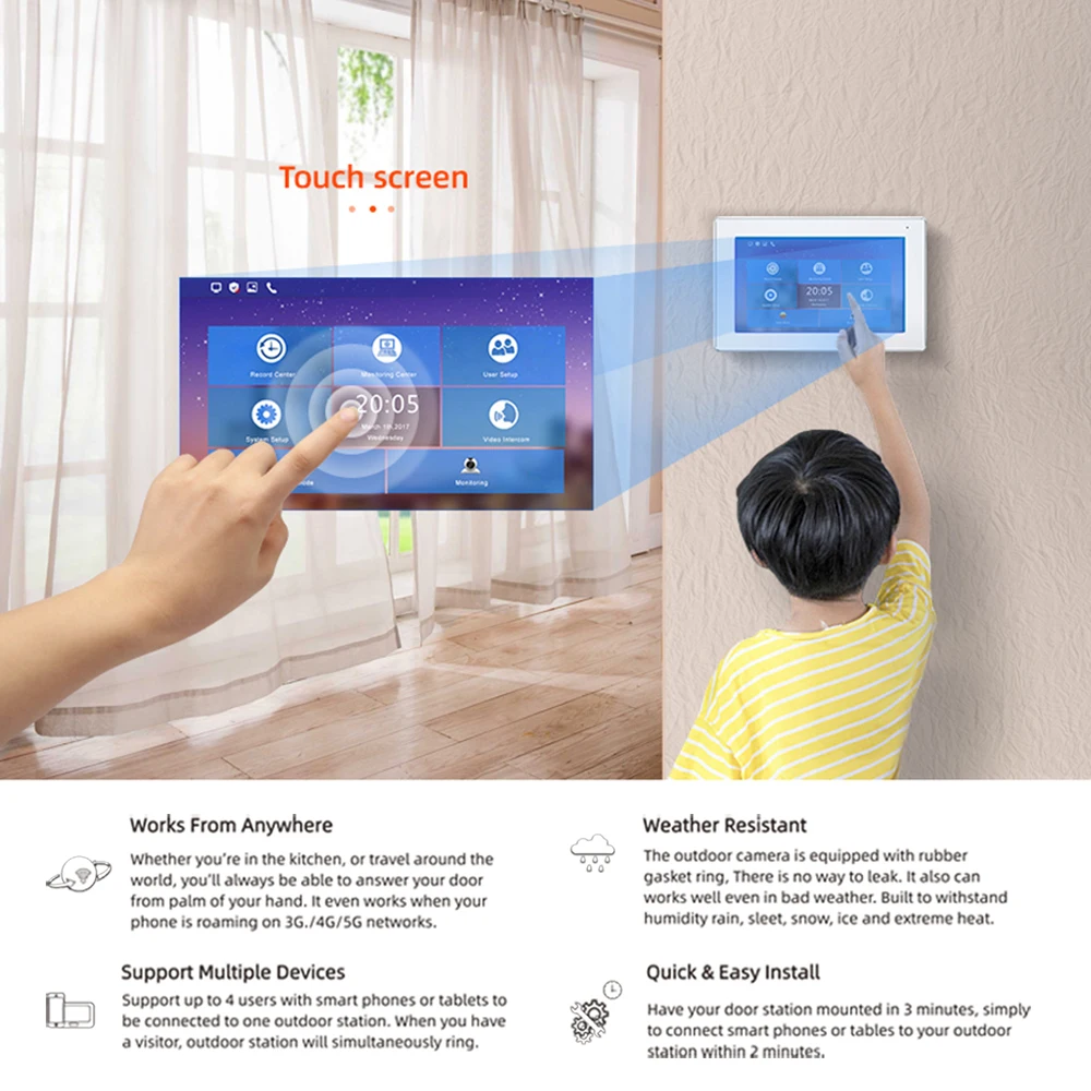 Фото Jeatone TUYA 7 ”IP WIFI беспроводной видеодомофон для квартиры 1F/2F/3F монитор дверной звонок наружный унитаз с отпечатком пальца RFIC кодер №3