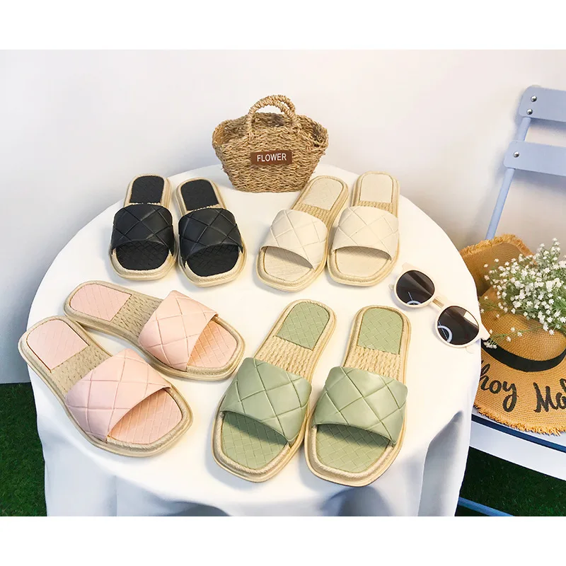

New Fashion Weave Slippers Women Square Toe Flat Casual Shoes Women Slide 2021 Summer Flip Flops Beach Sandal Slipper Big size41
