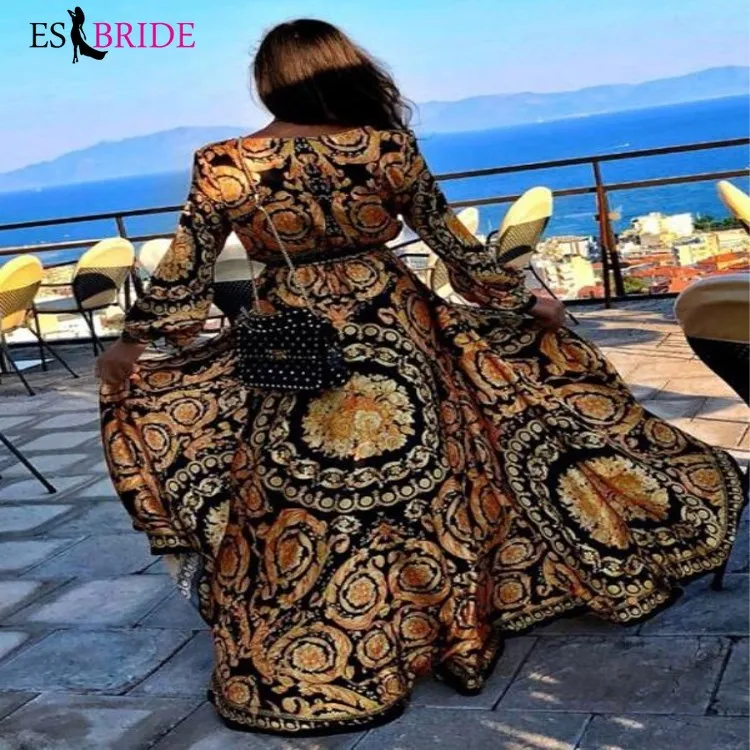 Женское вечернее платье золотистого цвета роскошное элегантное черное с принтом