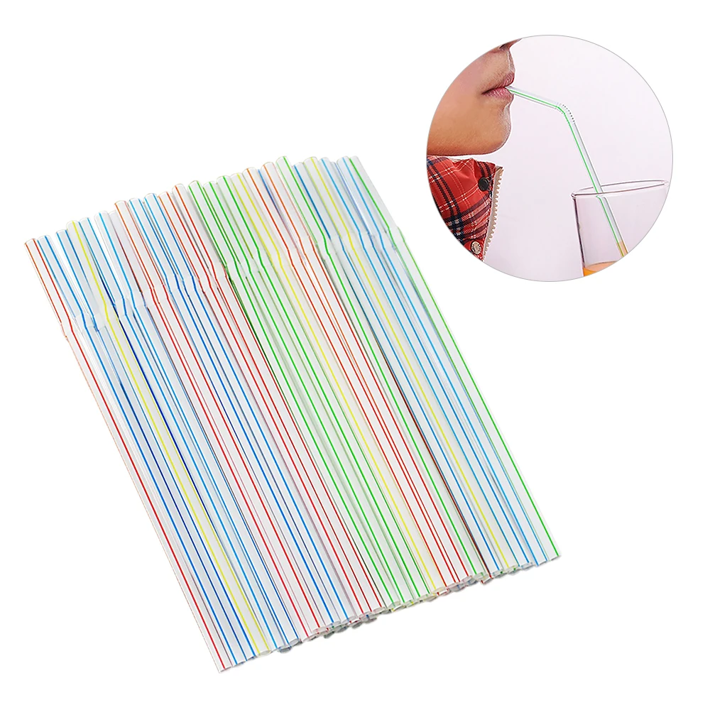 

100PCS/Bag Disposable Straws Flexible Plastic Straws Striped Multi-Colored Bendable Drinking Straws Birthday Celebration