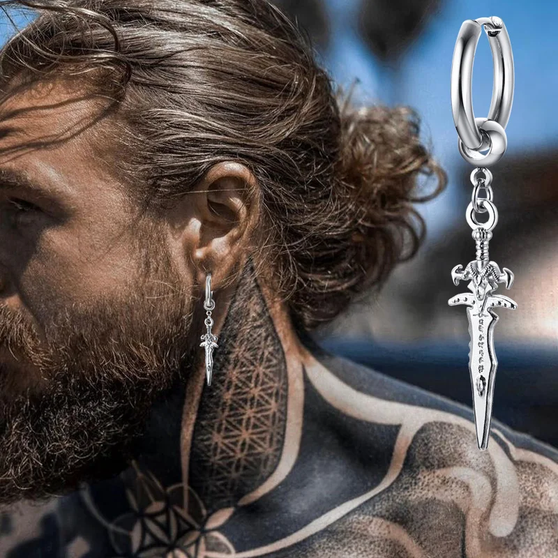 SINGLE SILVER COLOR DAGGER EARRING MEN STAINLESS STEEL SWORD HUGGIE HOOPS EARRINGS COOL FASHION ROCK TATTOO MEN JEWELRY