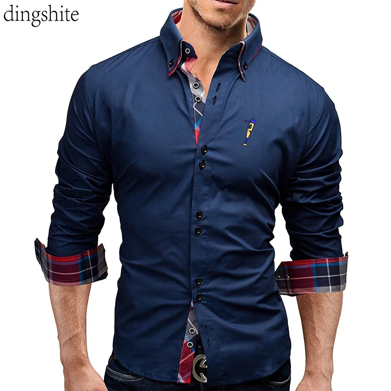 

Dingshite Spring Autumn Fashion Men Long Sleeve Casual Embroidery Shirt , Men Personality Double Collar Lattice Shirt .