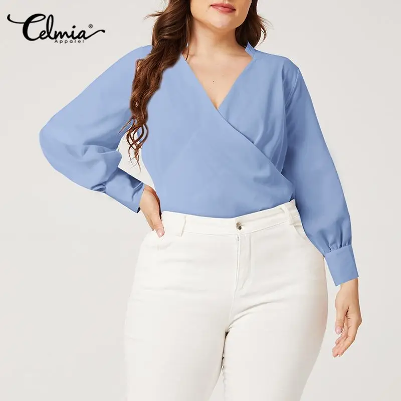 

Celmia Женские повседневные асимметричные блузки, сексуальная Однотонная рубашка с V-образным вырезом, модные рубашки с запахом и рукавами-фон...
