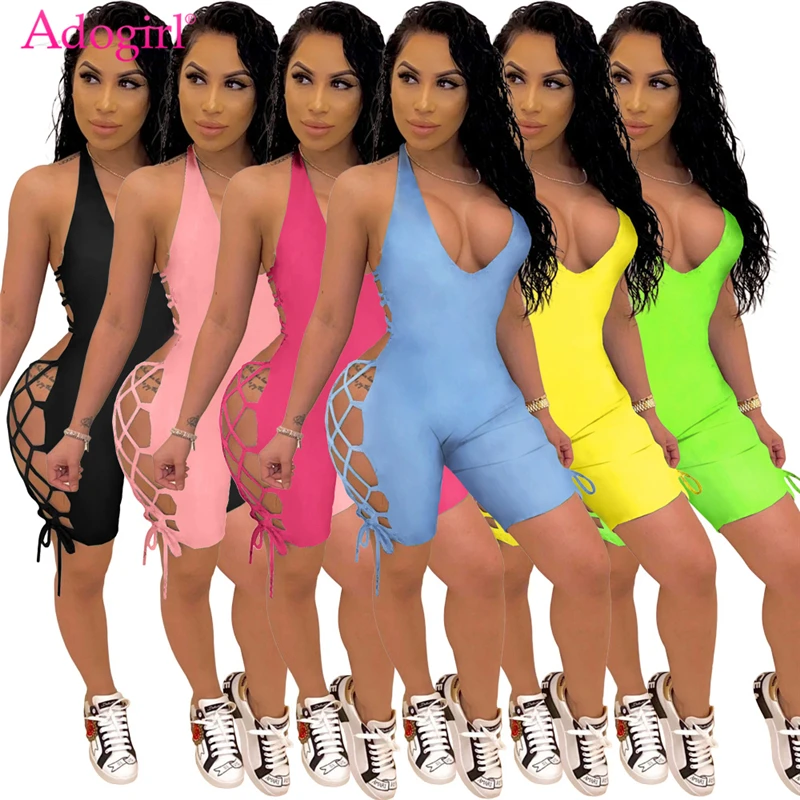 

Adogirl Women Jumpsuit 2020 Summer Solid V Neck Sleeveless Lace Up Bandage Playsuit Adjustable Size Casual Tank Romper Overalls