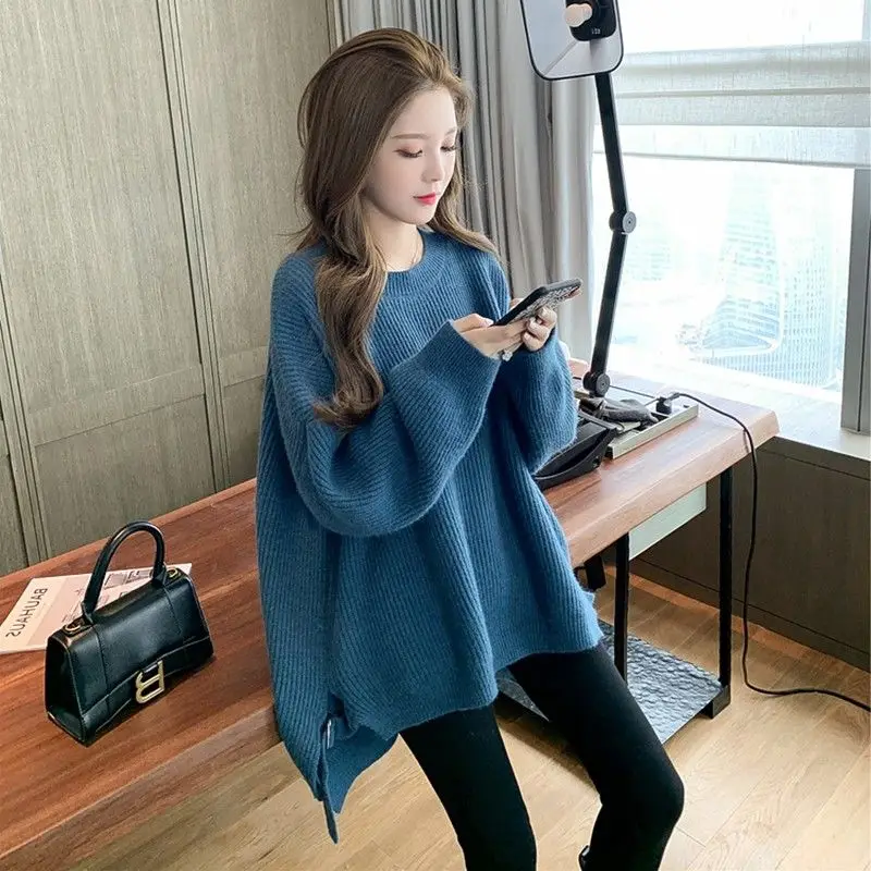 

Женский трикотажный свитер с длинным рукавом, свободный однотонный теплый джемпер с круглым вырезом, P295, Осень-зима 2021