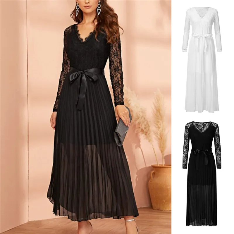 Для женщин кружевные платья-Макси платье 2019 Модные осенние пикантные платья с