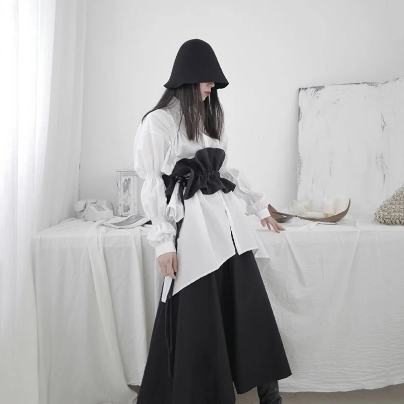 

[EAM] Black Ruffles Drawstring Temperament Wide Long Belt Personality Women New Fashion Tide All-match Spring 2021 1S216