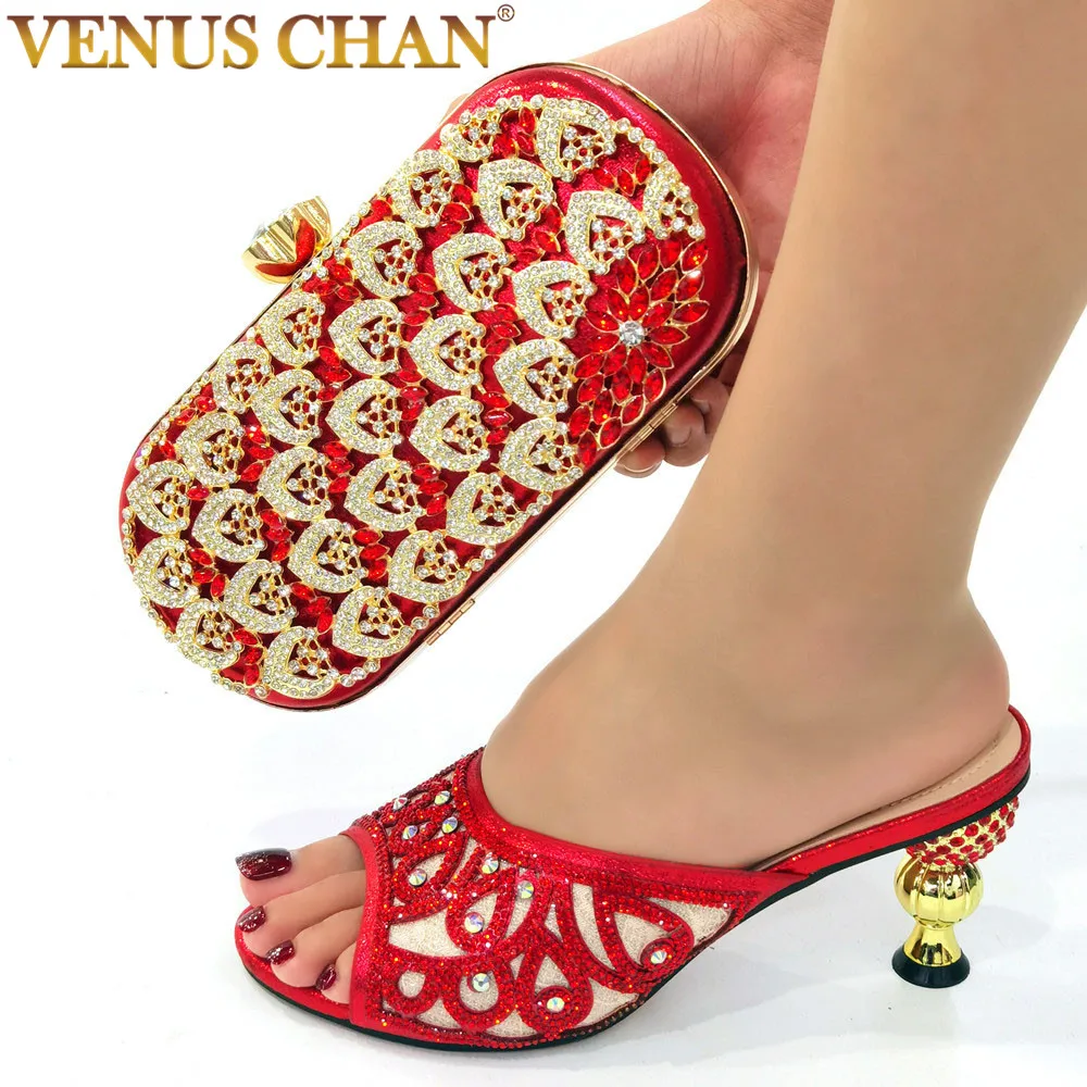 

Sexy Ladies Shoes Matching Bag Set in Red Color Peep Toe Comfortable High Heels with Platform for Garden Party