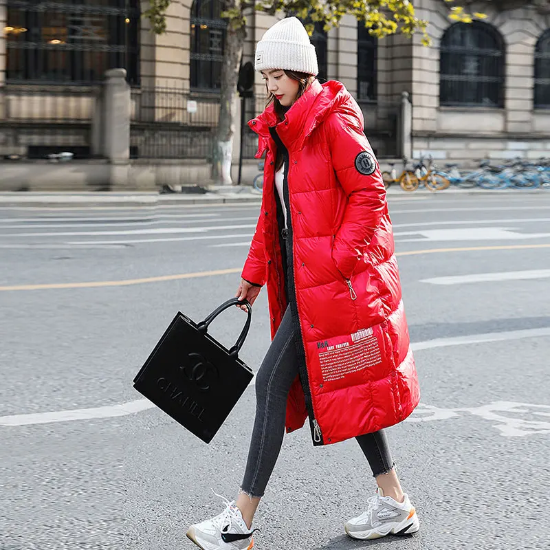 

2021 Bright Leather Cotton Jacket Women Fashion Letter Hooded Long Down Padded Coat Thick Winter Ladies Outwear Warm Parka LS02