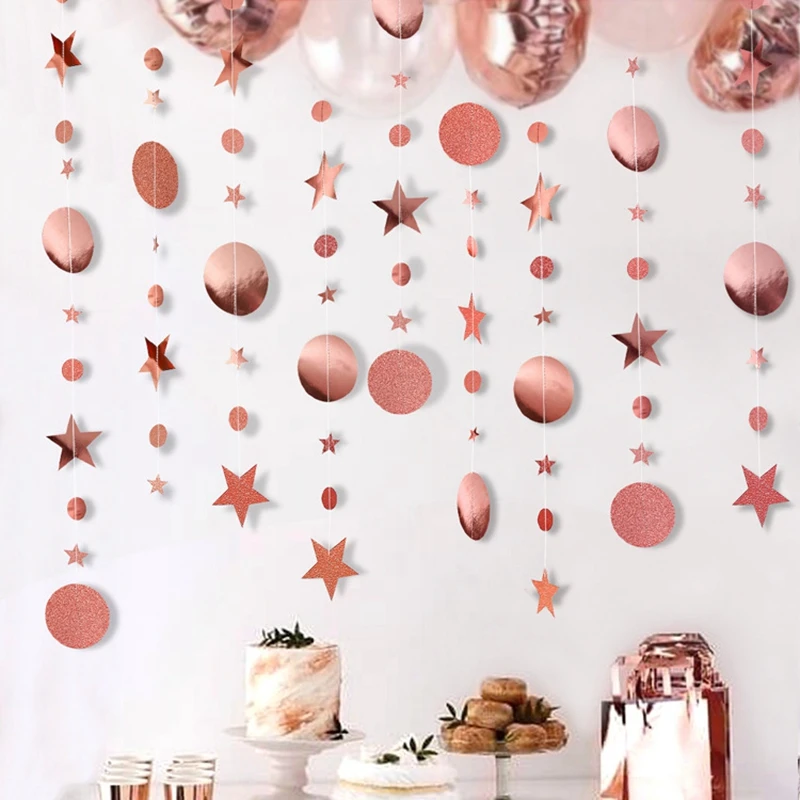 4m Mirror Paper Star Round Gold Garland Flash Banner Happy Birthday Wedding Party Favor Baby Shower Curtain Decoration Supplies