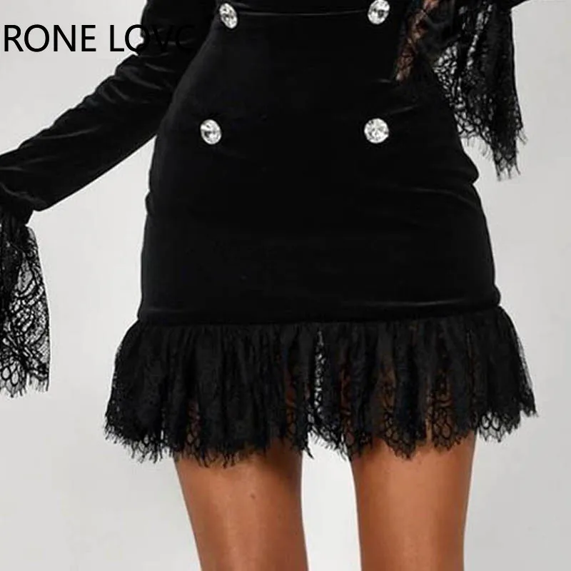 Women Solid Elegant Button Flannel Flare Sleeves Lace Hem Mini Working Black Blazer Dresses | Женская одежда