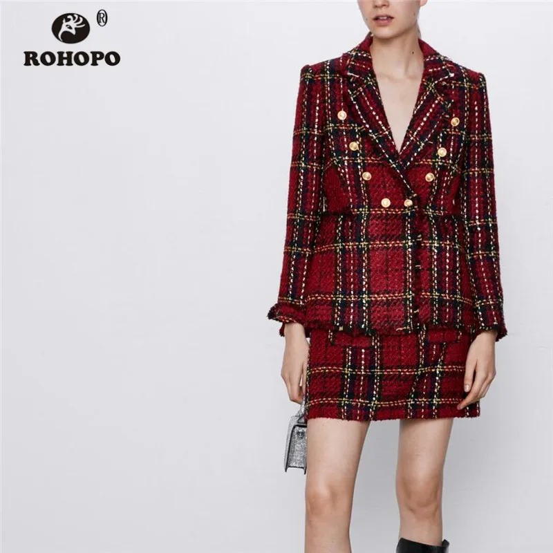 ROHOPO Высокая талия твидовая клетчатая ретро мини юбка передние сварные карманы