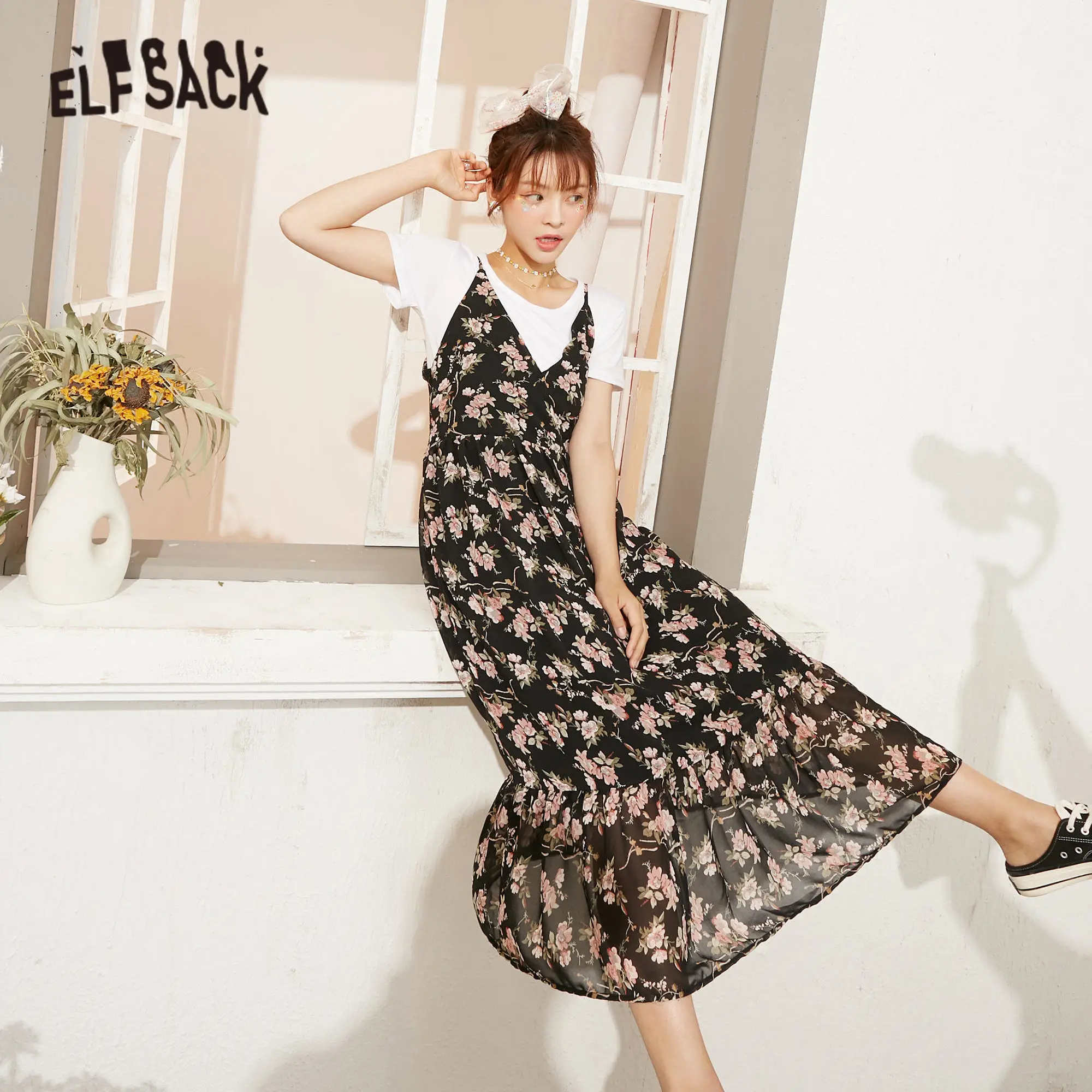 Женское винтажное платье ELFSACK лоскутное Повседневное с оборками и цветочным