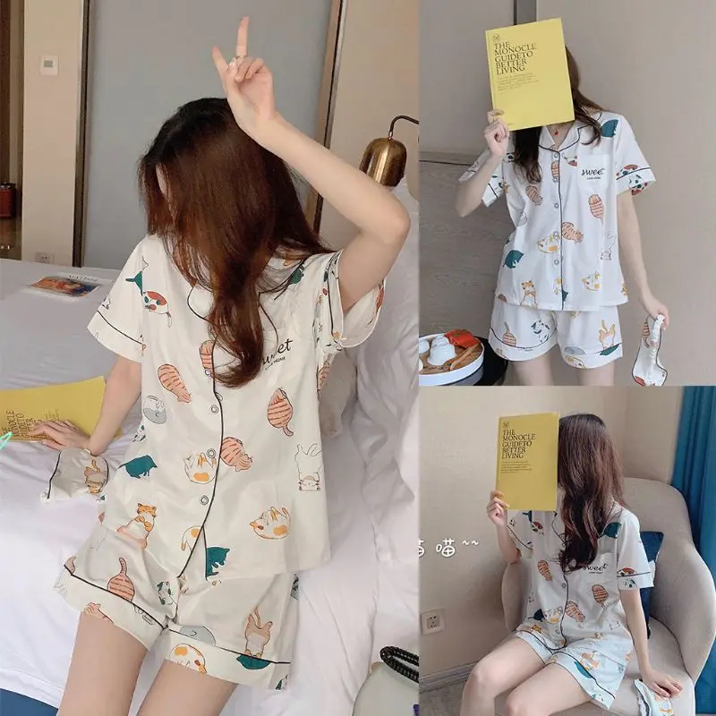 

Women Summer Cotton Pajamas Set Kawaii Meow Cat Short Sleeve Sleepwear Nightwear H37C