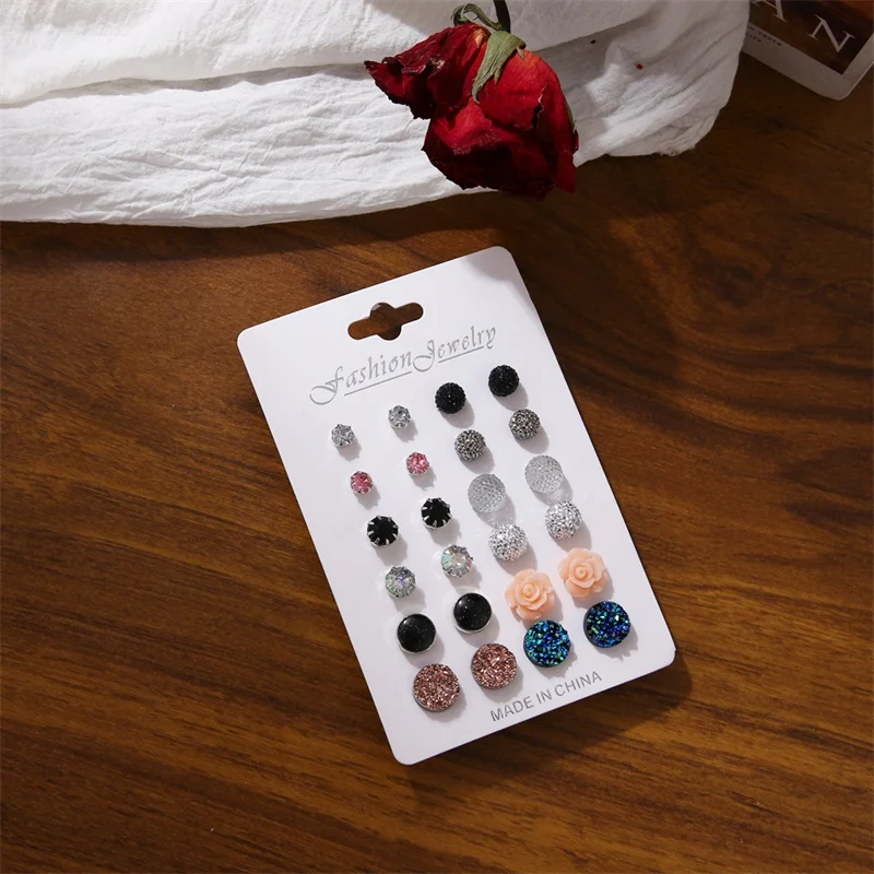 DAXI 12 пар разнообразных кристаллов друза камень смола круглые серьги гвоздики