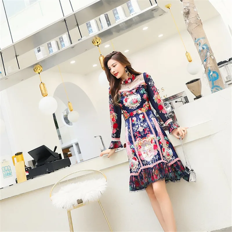 

CBAFU vintage floral print patchwork flare sleeve dress designer runway long sleeve summer dress women dresses high quality M524