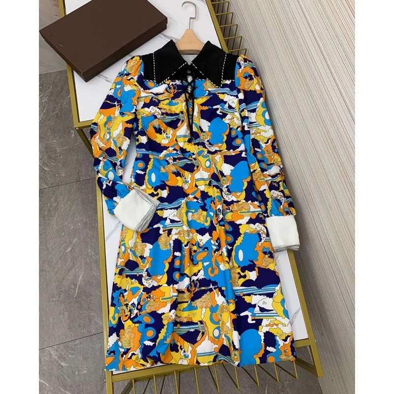 

AELESEEN Spring Summer Women Dress 2020 Runway Fashion Turn-Down Collar Contrast Color Print Flare Sleeve Office Ladies Dress