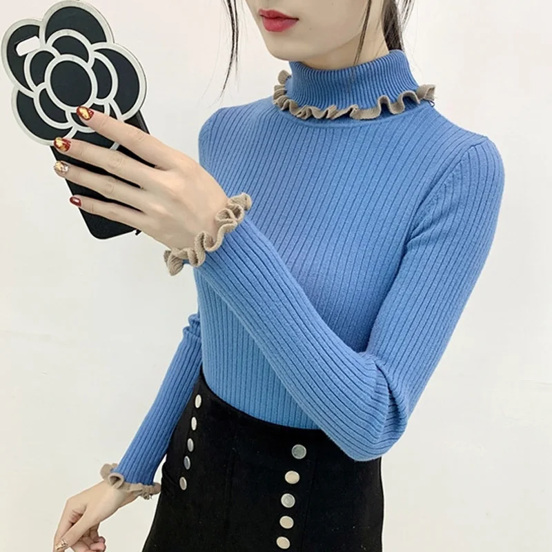 

Zoki Elegant Turtleneck Women Knitted Pullover Sweater Fashion Ruffles Slim Korean Ladies Jumper Top Casual Elastic Girls Blouse