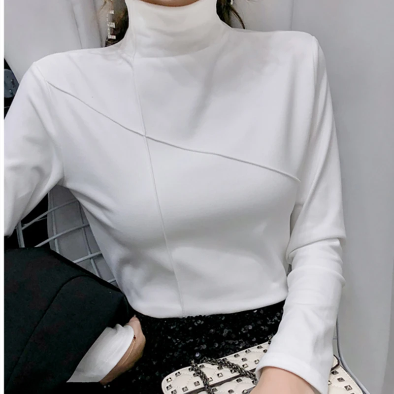 Autumn Women Turtleneck Blouse Female Long Sleeve Solid Basic Tops Cotton T-Shirt | Женская одежда