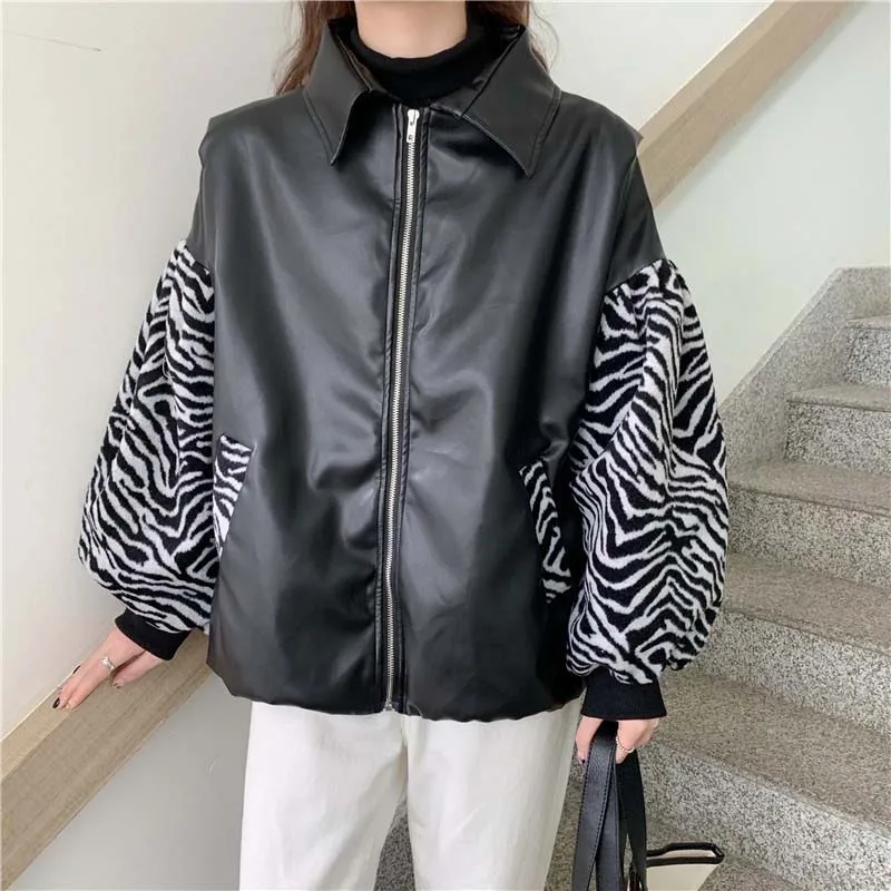 

Vintage Sweet Animal Leopard print PU jacket 2020 New Turn down collar Female Loose Faux leather Coat Outwear Loose INKEO 9O058
