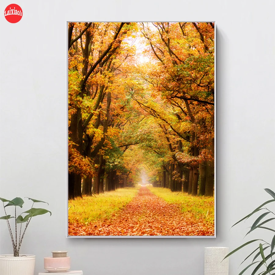 5d алмазная картина природный ландшафт Осенние желтые деревья опавшие листья diy