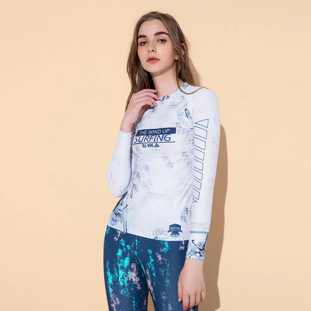 2021 New Printed Two Piece Split Swimming UPF50+ Long Sleeve Sun Protection Shirt Women Snorkeling Suit Surf Suit Top + Trousers