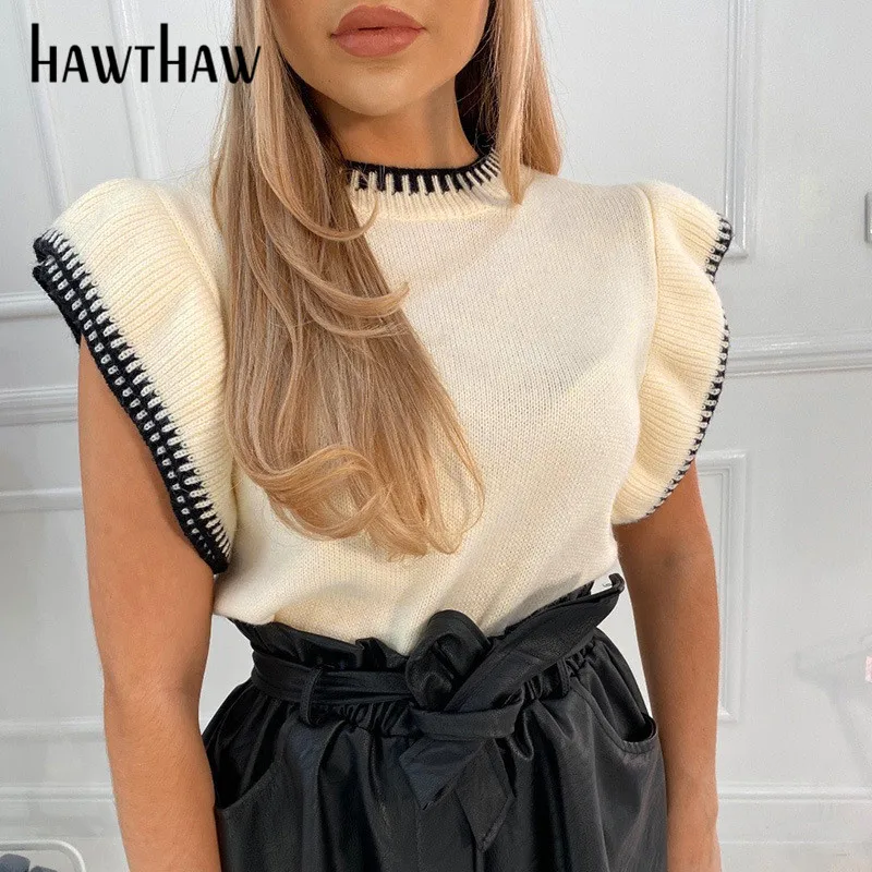 

Hawthaw Women Fashion Autumn Winter Short Sleeve Knitted O Neck Soild Color Sweaters Pullover Tops 2020 Fall Clothes Streetwear