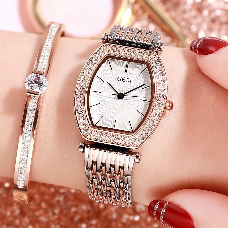

New Ladies Crystal Watch Luxury Women Tonneau Watches Rose Gold Diamond Bracelet Watch Waterproof Stainless Steel Dress Watch