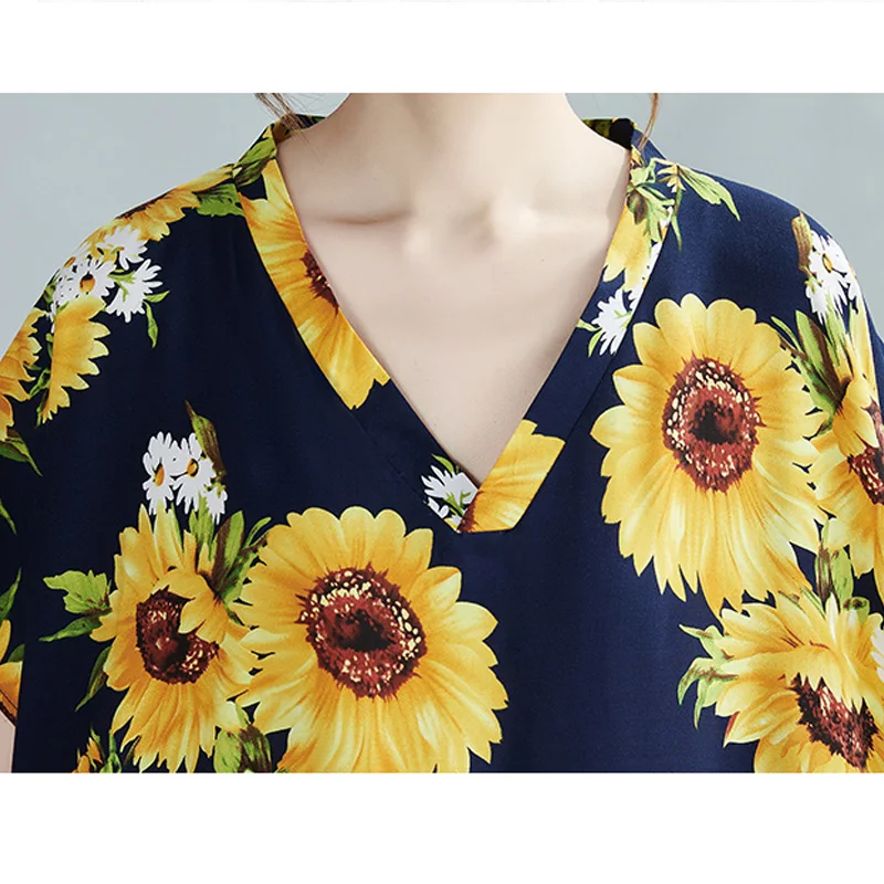 

Plus Size Summer Vintage Casual Loose Cotton Short Sleeve Printed Women Robe Dress Boho Beach Fashion Oversized Female Dress 5xl