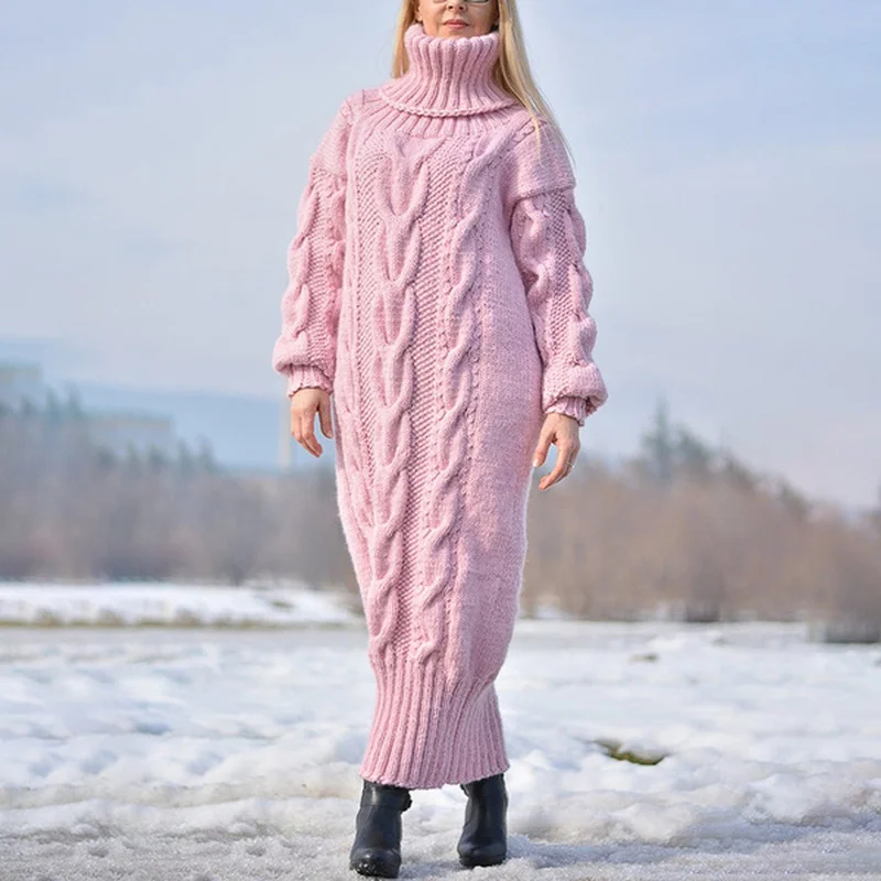 

Sweater Dress Women Long Sleeve High Neck Knitted Pullover Dress Soft Warm Solid Color Oversize Bodycon Jumper Female Dress