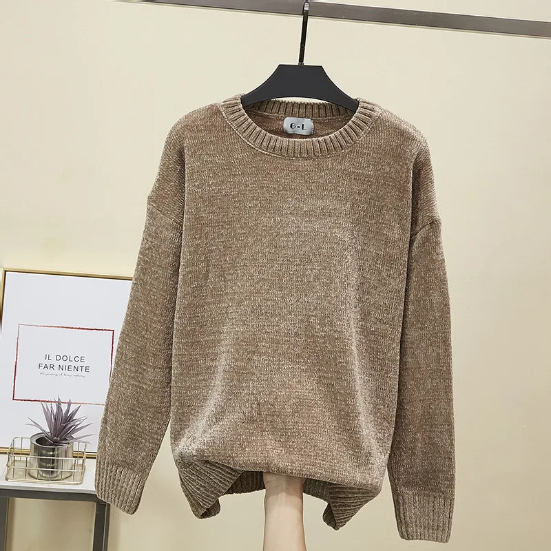 Новый теплый свитер из синели с круглым вырезом женские золотые бархатные теплые