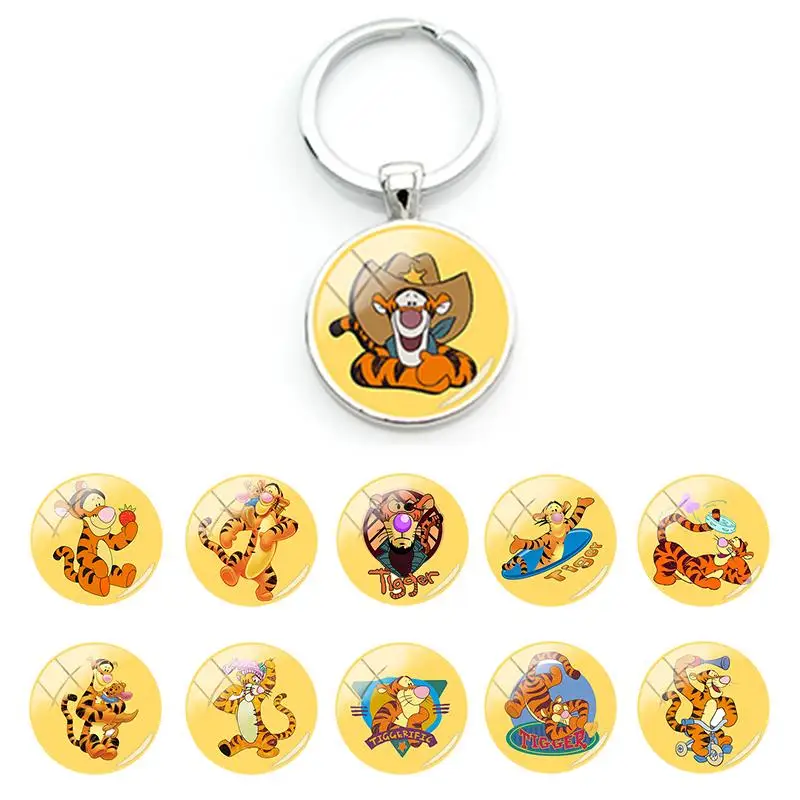 

Disney Cute Funny Tigger Animation Pattern Bag Car Key Chains Pendant for Key Ring Glass Dome Cabochon Keychains Jewelry TTH01