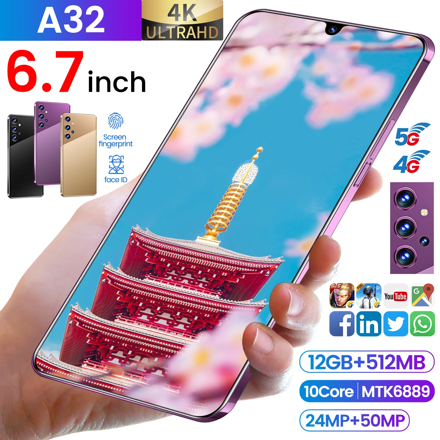 

A32 Fingerprint Unlock 12+512GB 6.7 Inch 6000MAH Deca Core Andriod Cell Phone Global 4G 5G Dual SIM Face ID MTK6889 24+50MP