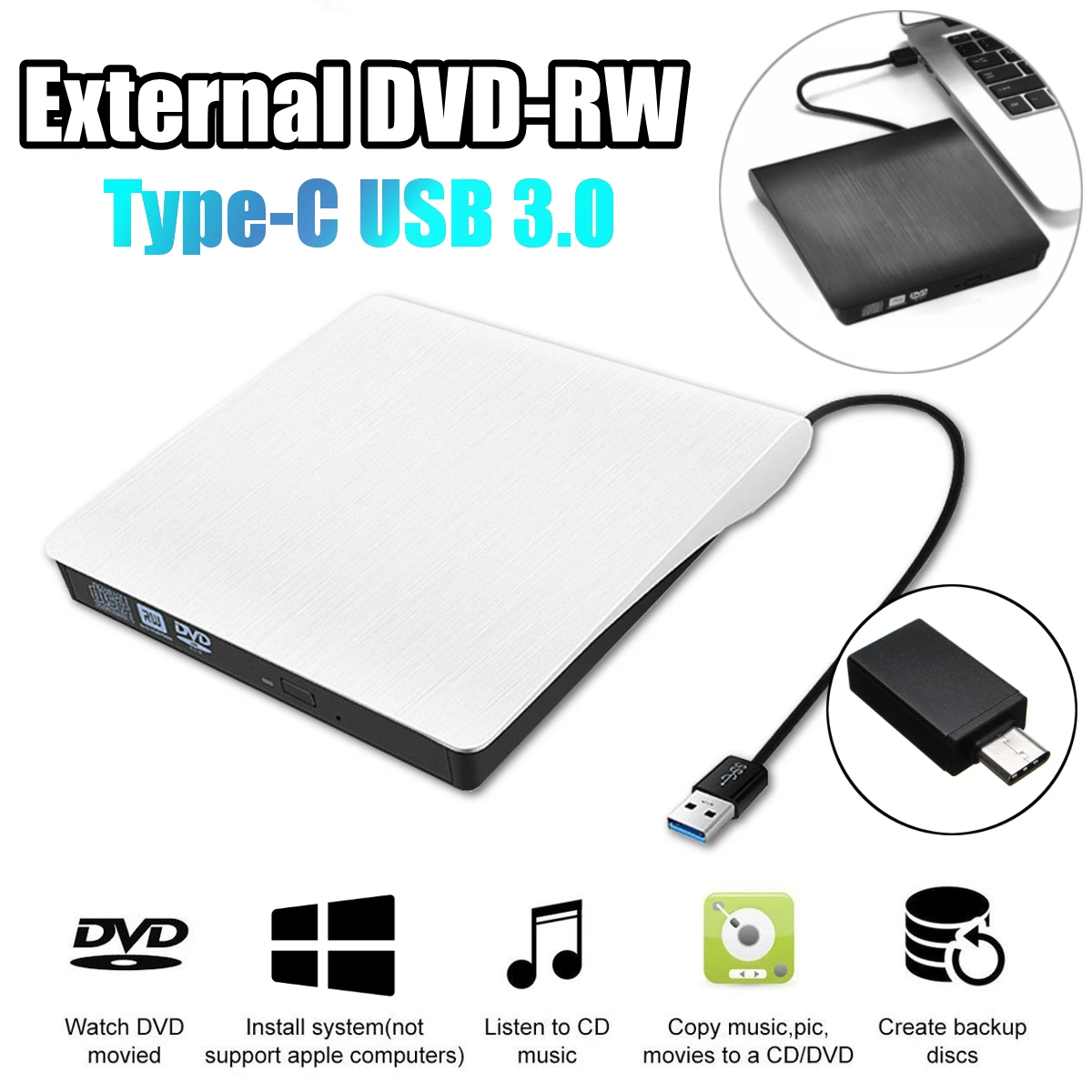 

Внешний USB 3.0 Type-C высокоскоростной DL DVD RW ГОРЕЛКА CD запись тонкий портативный оптический привод для Asus Samsung Acer Dell ноутбука ПК