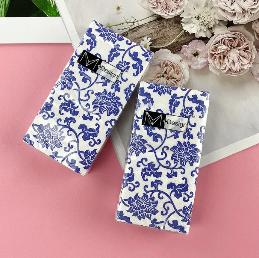 

21*21 см, маленькое бумажное полотенце в упаковке, Классическая салфетка, сине-белый фарфор, Цветочная бумага, носовой платок