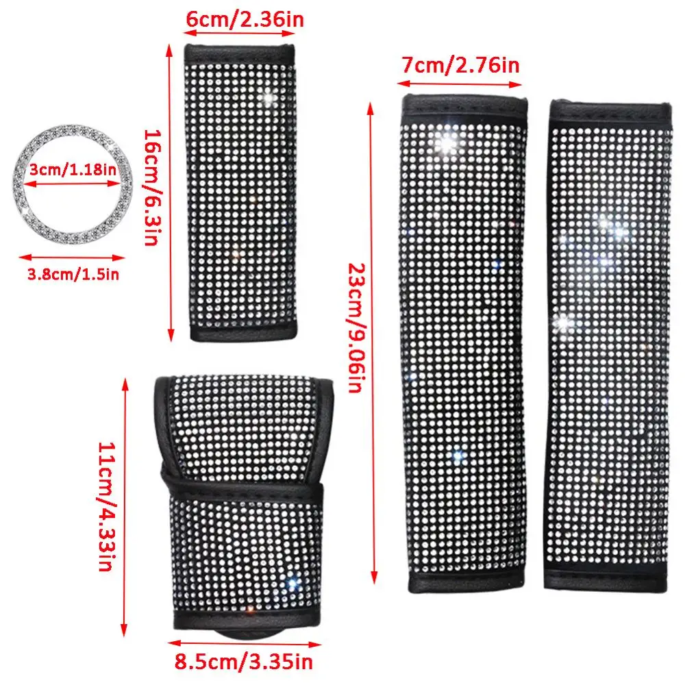 

6PCS Universal Crystal Rhinestone Include Shift Gear Cover Auto Handbrake Cover 2 PCS Seat Shoulder Pads and 2 PCS Ring Emblem