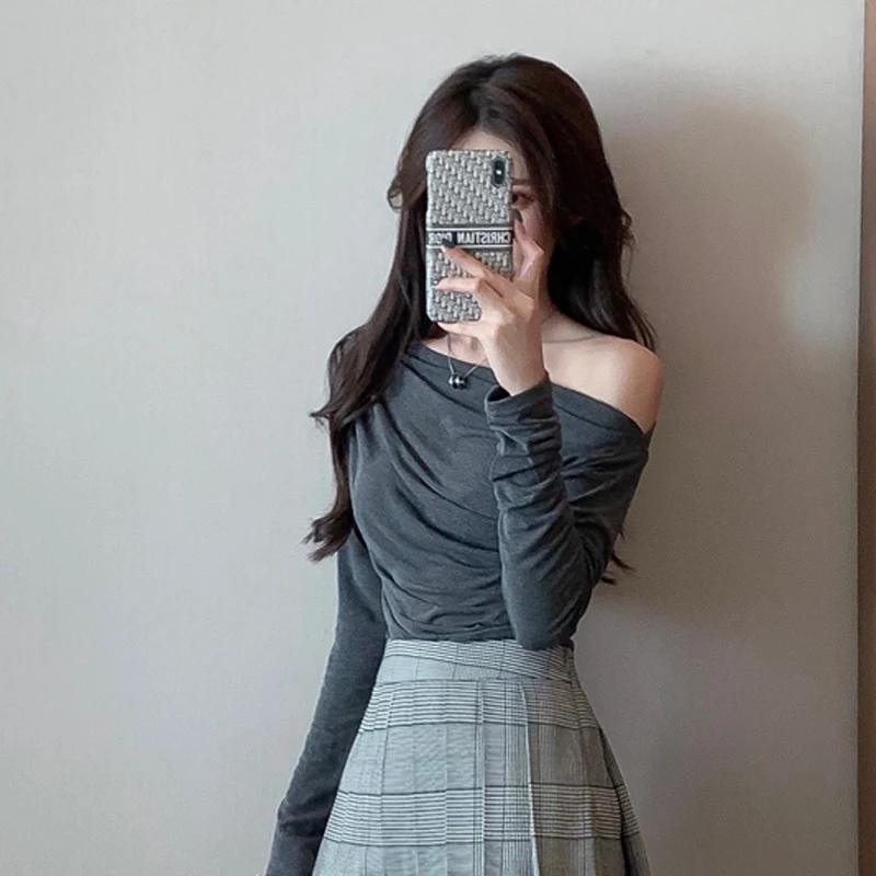 

Zoki Blue Women T Shirt Autumn Slash Neck Casual Slim Thin Tops Long Sleeve Korean Winter Solid Street Wear Fashion New 2021