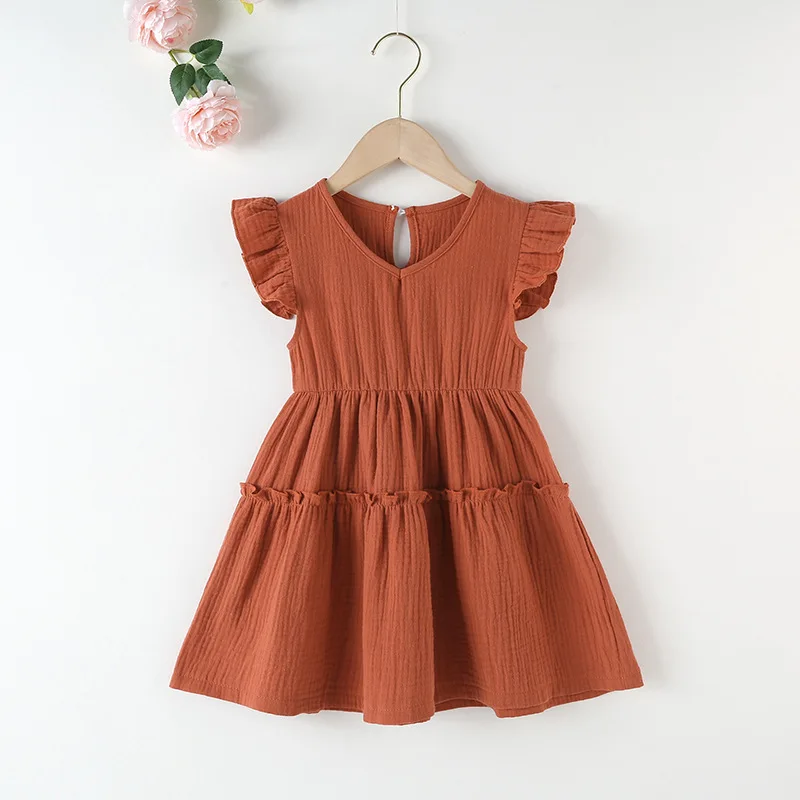 

Новое поступление лета 2021, милое красное платье с коротким рукавом для девочек, с оборками и кирпичом, детское праздничное платье для девоче...