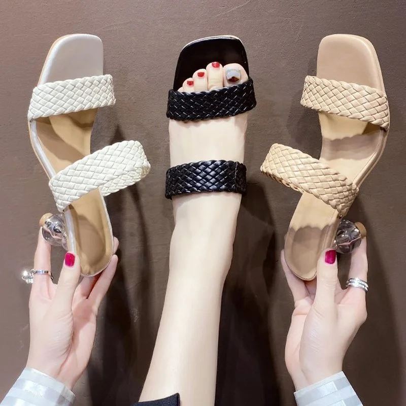 

2021 New Summer Women Mules Design Slippers Sandal Slides Braided Cord 7cm Transparent Fretwork Heels Women Shoes Female