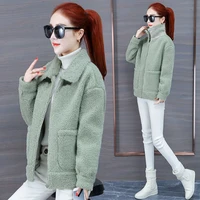fashion solid lamb wool cardigan thicken short coat women winter warm outware jacket cashmere loose thicken cloths coat tops