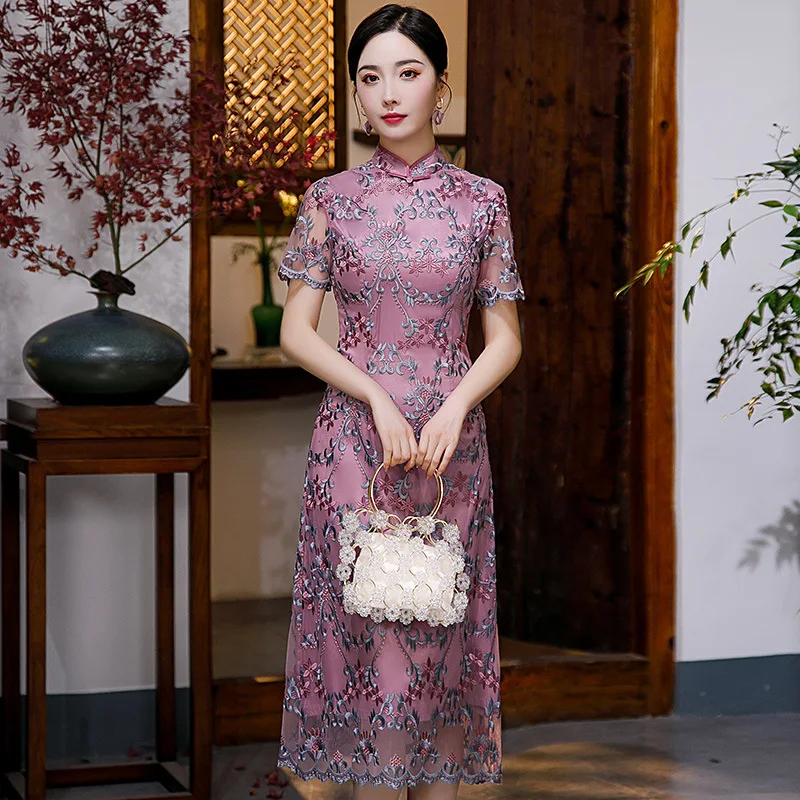 

Платье-Ципао женское средней длины с цветочным принтом, пикантное Сетчатое китайский наряд с воротником-стойкой, вечернее праздничное винт...
