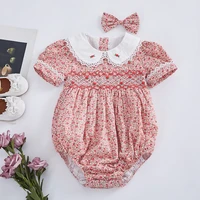 2pcs baby smock floral romper girl handmade embroidered jumpsuit toddler smocked clothes infant birthday rompers with hairpin